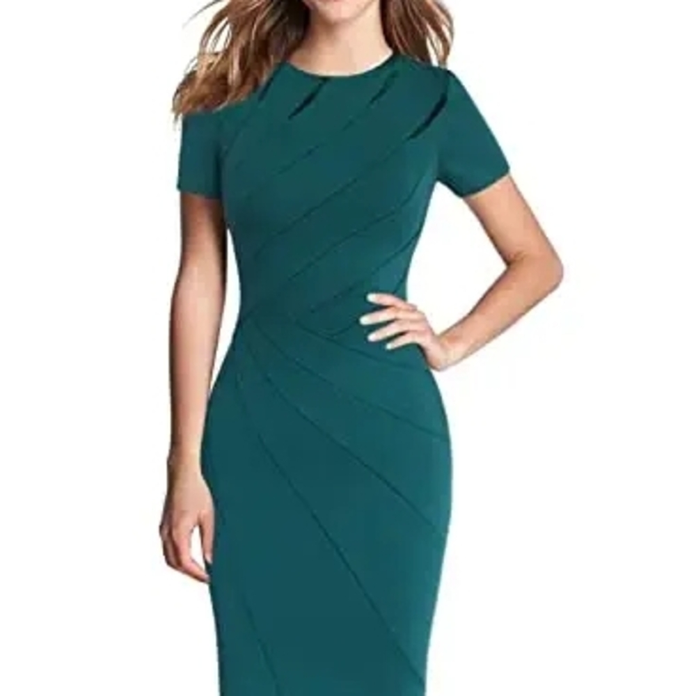 Structured Dark Green Short-Sleeve Sheath Dress (cocktail) - Picture 4 of 5